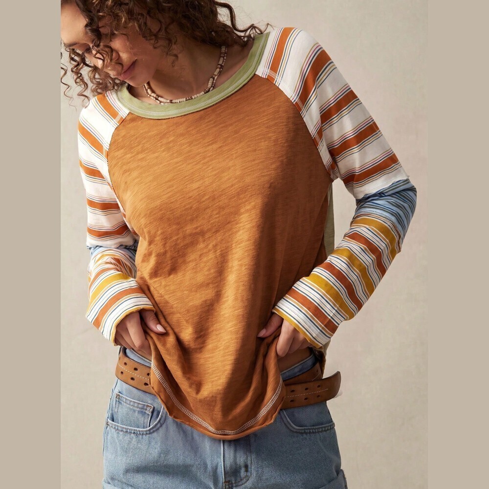 Rust Brown Colorblock Striped Raglan Sleeve Baseball Tee